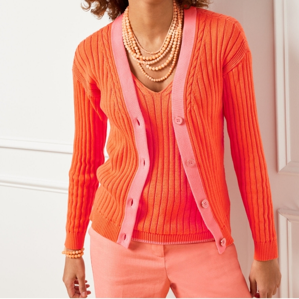 Talbots Ribbed Cardigan - Tipped Orange and Pink Womens Size L